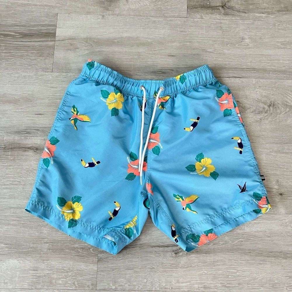 Nautica Blue Sail Swim Trunks Mens Small Tropical Floral Toucan Board Shorts